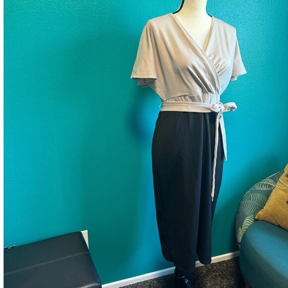 Grace Karin Taupe & Black Short Sleeve Midi Dress Women's Large - Picture 4 of 9